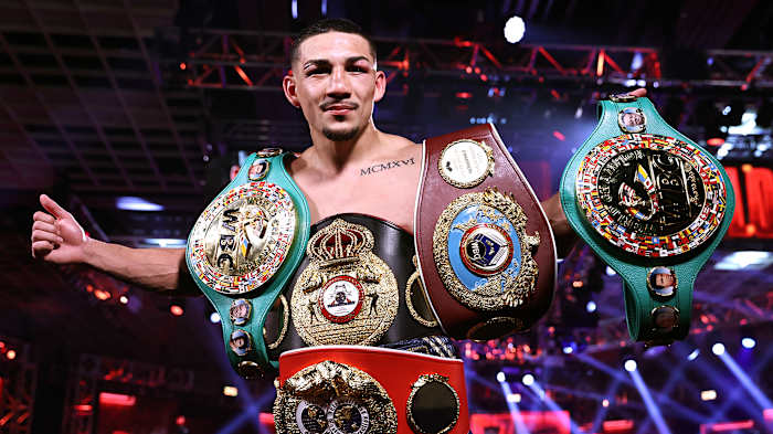 Teofimo Lopez Jr celebrates after defeating Vasiliy Lomachenko (not pictured) in their Lightweight World Title bout at MGM Grand Las Vegas Conference Center on October 17, 2020 in Las Vegas, Nevada.